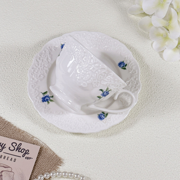 Set nou de cești ceramice pentru cafea și ceai cu relief fin, stil franțuzesc de curte, cu farfurioare, pentru ceai și prăjituri