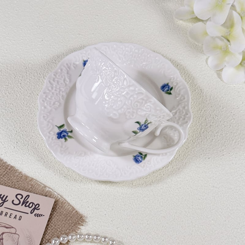 Set nou de cești ceramice pentru cafea și ceai cu relief fin, stil franțuzesc de curte, cu farfurioare, pentru ceai și prăjituri