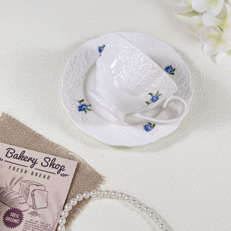 Set nou de cești ceramice pentru cafea și ceai cu relief fin, stil franțuzesc de curte, cu farfurioare, pentru ceai și prăjituri