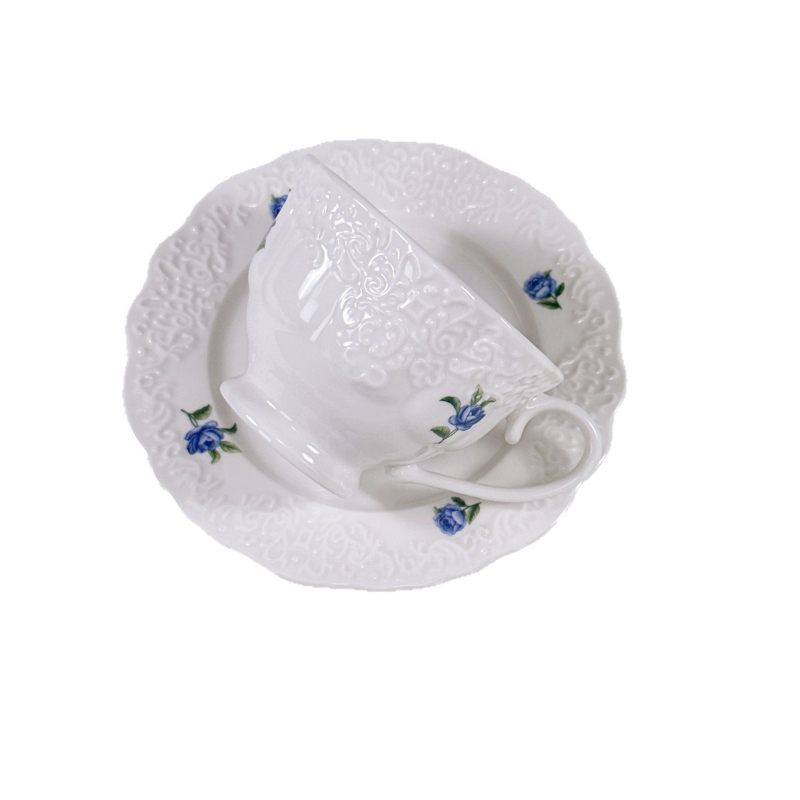 Set nou de cești ceramice pentru cafea și ceai cu relief fin, stil franțuzesc de curte, cu farfurioare, pentru ceai și prăjituri