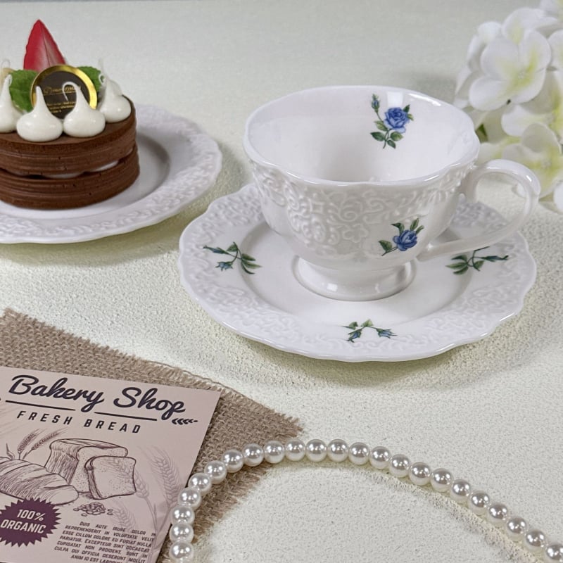 Set nou de cești ceramice pentru cafea și ceai cu relief fin, stil franțuzesc de curte, cu farfurioare, pentru ceai și prăjituri