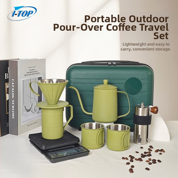 Set cafea pentru infuzie manuală – Verde, kit de camping portabil cu râșniță, ceașcă, ibric, filtre de hârtie, filtru și ceainic manual