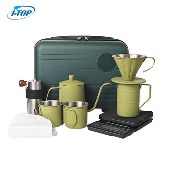 Set cafea pentru infuzie manuală – Verde, kit de camping portabil cu râșniță, ceașcă, ibric, filtre de hârtie, filtru și ceainic manual