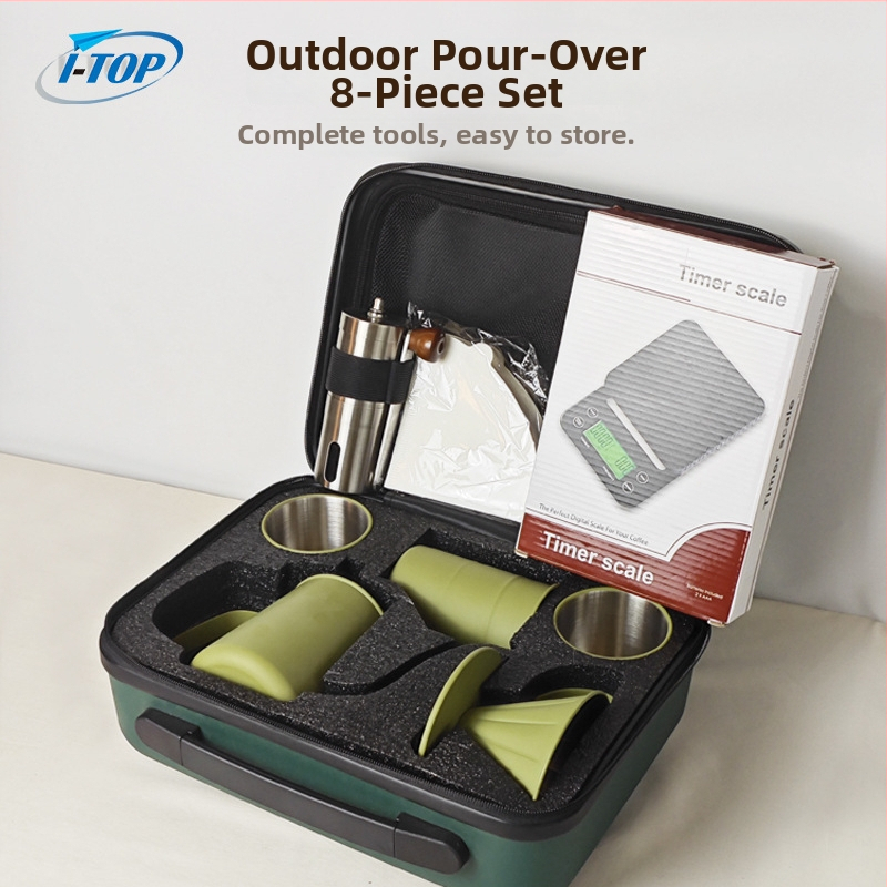 Set cafea pentru infuzie manuală – Verde, kit de camping portabil cu râșniță, ceașcă, ibric, filtre de hârtie, filtru și ceainic manual