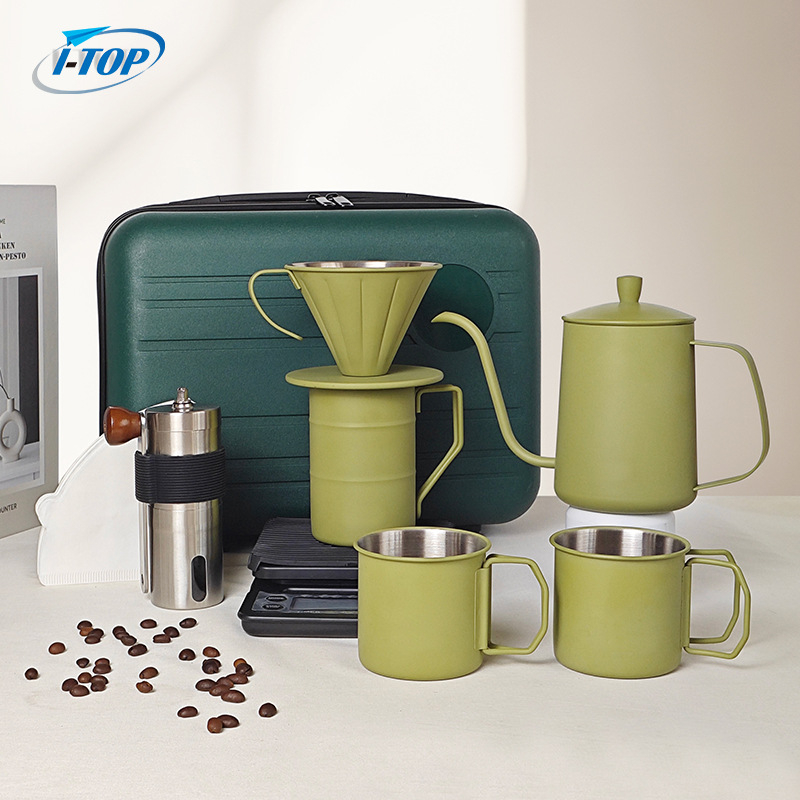 Set cafea pentru infuzie manuală – Verde, kit de camping portabil cu râșniță, ceașcă, ibric, filtre de hârtie, filtru și ceainic manual
