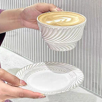 Set franțuzesc vintage pentru cafea cu farfurioare, cană ceramică pentru latte, în formă de spic de grâu