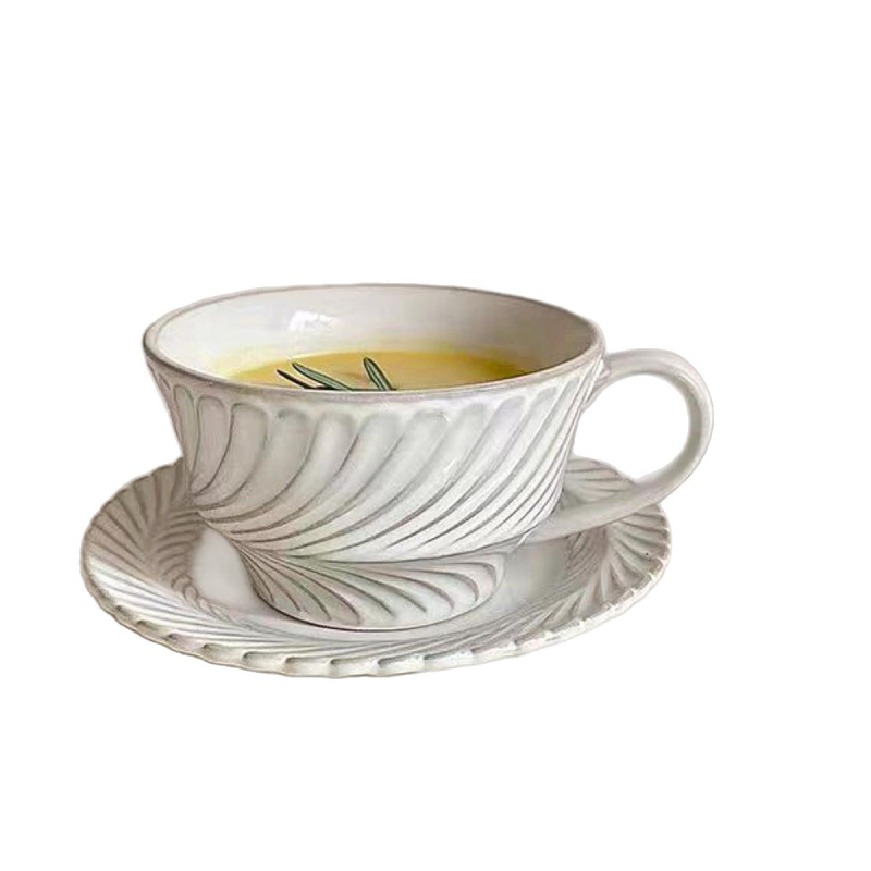 Set franțuzesc vintage pentru cafea cu farfurioare, cană ceramică pentru latte, în formă de spic de grâu