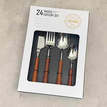 Set zapadnih pribora od nehrđajućeg čelika 304 s ručkom od rosewood – nož za steak, vilica, žlica i čajna žličica – kutija za poklon