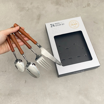 Set zapadnih pribora od nehrđajućeg čelika 304 s ručkom od rosewood – nož za steak, vilica, žlica i čajna žličica – kutija za poklon