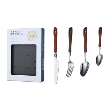 Set zapadnih pribora od nehrđajućeg čelika 304 s ručkom od rosewood – nož za steak, vilica, žlica i čajna žličica – kutija za poklon