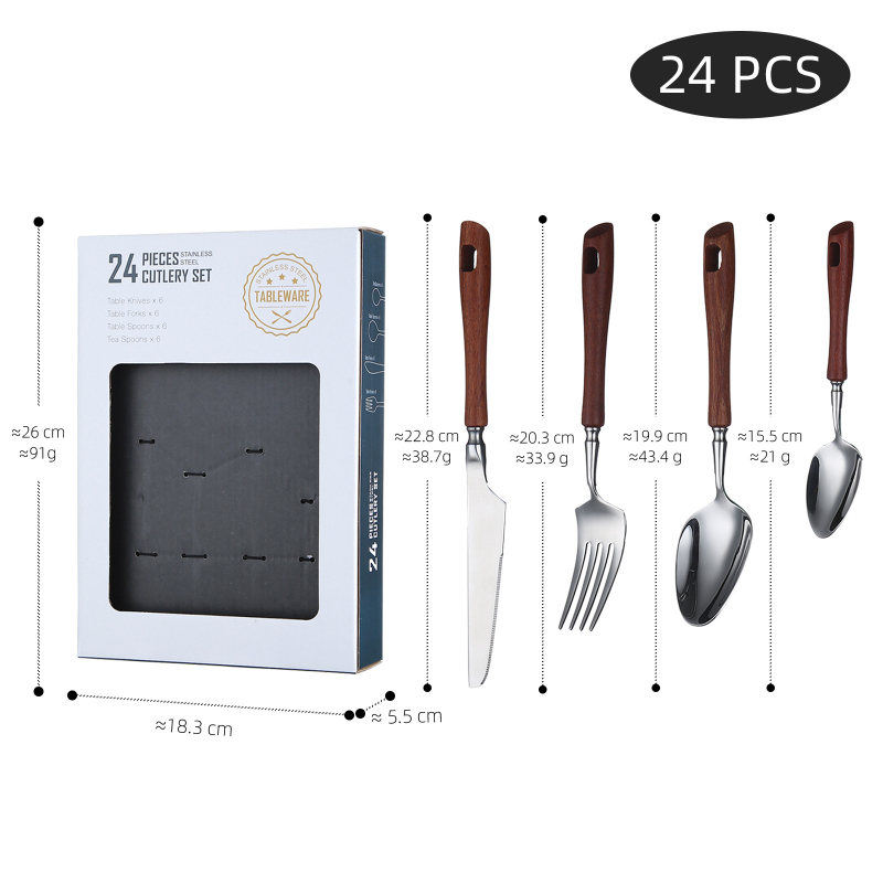 Set zapadnih pribora od nehrđajućeg čelika 304 s ručkom od rosewood – nož za steak, vilica, žlica i čajna žličica – kutija za poklon