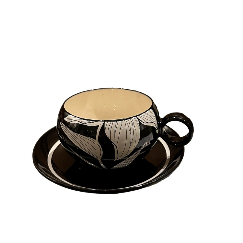 Set de cafea și farfurioară în stil franțuzesc – ceramică retro elegantă pentru mic dejun/ceai, cu model floral