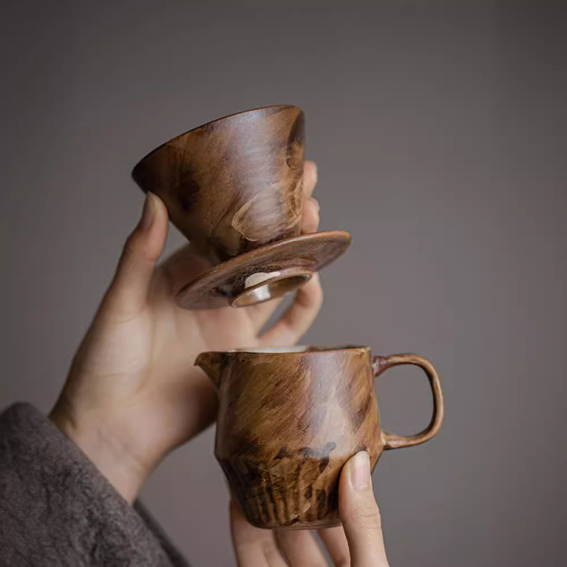 Set ceramic pour-over pentru cafea, realizat manual, cu filtre și căni de filtru, pentru uz casnic, în stil wabi-sabi