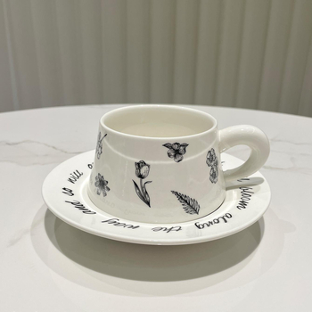 Set alb de ceașcă și farfurioară pentru cafea din ceramică, imprimat, handmade, stil coreean vintage, inspirat de Instagram