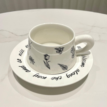 Set alb de ceașcă și farfurioară pentru cafea din ceramică, imprimat, handmade, stil coreean vintage, inspirat de Instagram