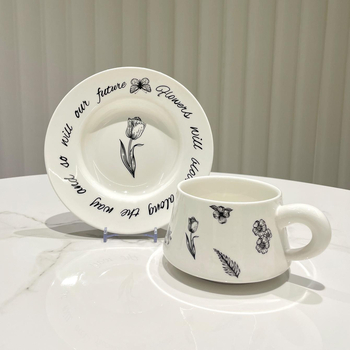 Set alb de ceașcă și farfurioară pentru cafea din ceramică, imprimat, handmade, stil coreean vintage, inspirat de Instagram