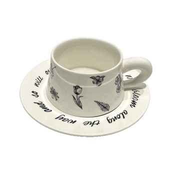 Set alb de ceașcă și farfurioară pentru cafea din ceramică, imprimat, handmade, stil coreean vintage, inspirat de Instagram