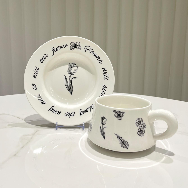 Set alb de ceașcă și farfurioară pentru cafea din ceramică, imprimat, handmade, stil coreean vintage, inspirat de Instagram