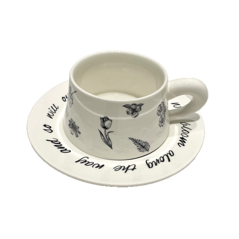 Set alb de ceașcă și farfurioară pentru cafea din ceramică, imprimat, handmade, stil coreean vintage, inspirat de Instagram