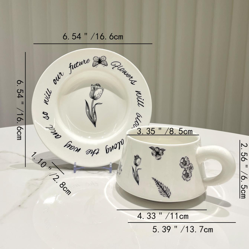 Set alb de ceașcă și farfurioară pentru cafea din ceramică, imprimat, handmade, stil coreean vintage, inspirat de Instagram