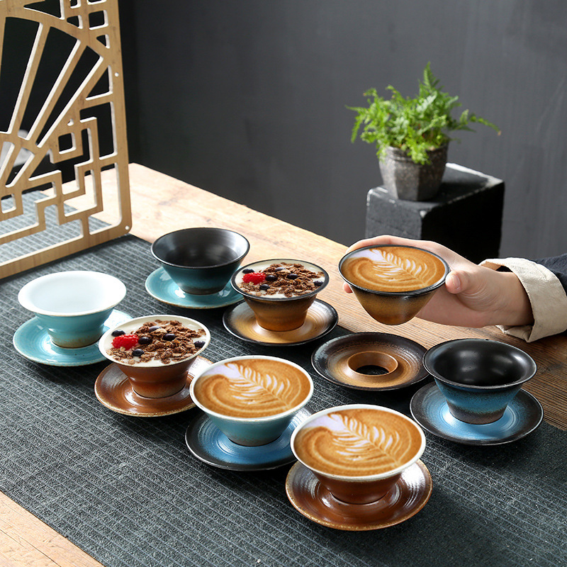 Set cafea cu ceașcă și farfurioară în stil japonez, ceramică din piatră, formă conică cu design nordic, artă vintage