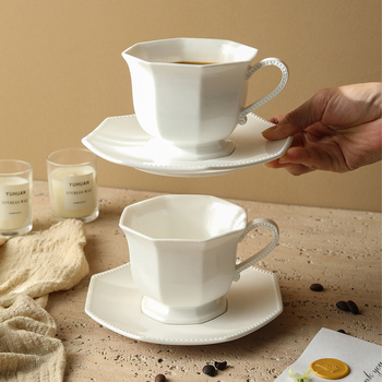 Set de ceașă și farfurioară de cafea ceramică albă, octogonal, stil european