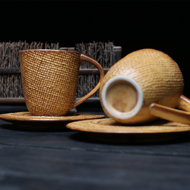 Set de cești de cafea din ceramică cu farfurioară, stil retro japonez, pentru birou și acasă