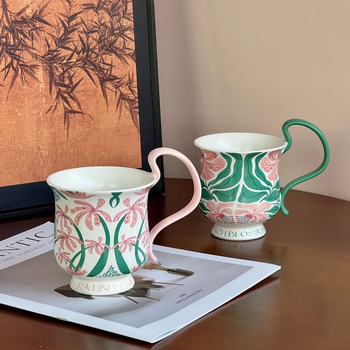 Cană cu mâner înalt și orchidă Phalaenopsis, stil vintage floral, set de ceașcă și farfurioară pentru cafea, ceașcă latte, din ceramică