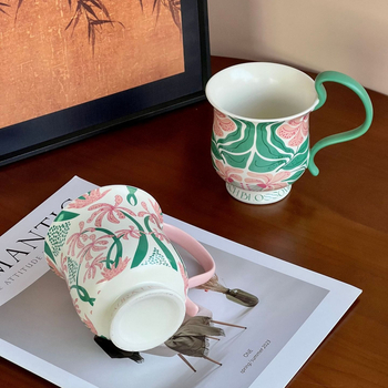 Cană cu mâner înalt și orchidă Phalaenopsis, stil vintage floral, set de ceașcă și farfurioară pentru cafea, ceașcă latte, din ceramică