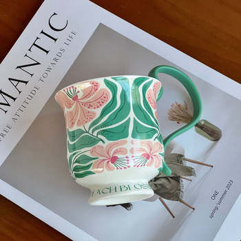 Cană cu mâner înalt și orchidă Phalaenopsis, stil vintage floral, set de ceașcă și farfurioară pentru cafea, ceașcă latte, din ceramică