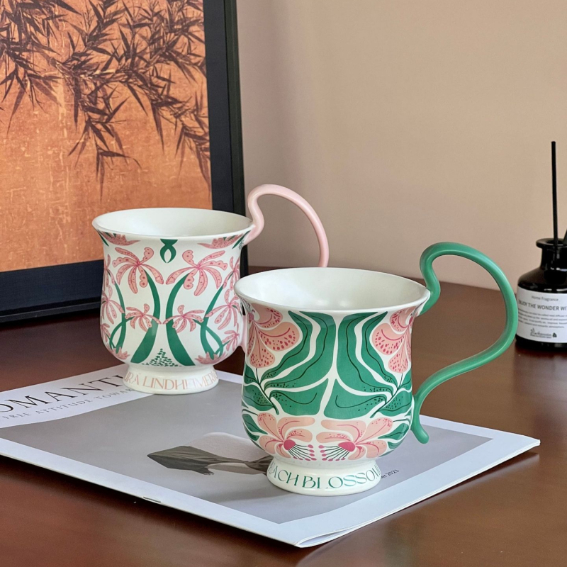 Cană cu mâner înalt și orchidă Phalaenopsis, stil vintage floral, set de ceașcă și farfurioară pentru cafea, ceașcă latte, din ceramică