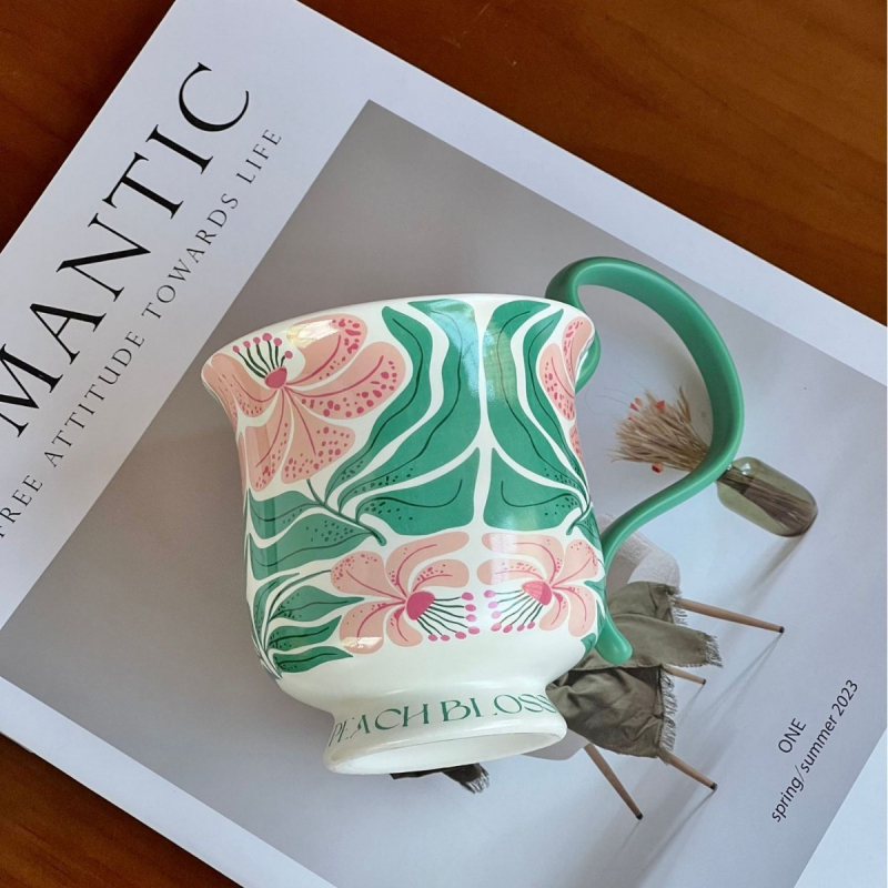 Cană cu mâner înalt și orchidă Phalaenopsis, stil vintage floral, set de ceașcă și farfurioară pentru cafea, ceașcă latte, din ceramică