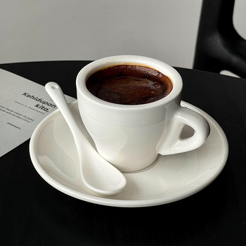 Set cești espresso cu farfurioară, ceramică albă, mini 80 ml