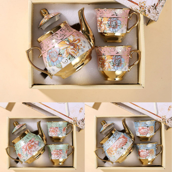 Set ceramic european pentru cafea și ceai, cu cană, ceașcă, farfurie și ceainic, model floral, finisaj electroplacat, design modern minimalist