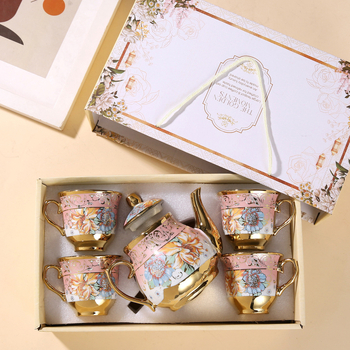 Set ceramic european pentru cafea și ceai, cu cană, ceașcă, farfurie și ceainic, model floral, finisaj electroplacat, design modern minimalist