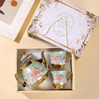 Set ceramic european pentru cafea și ceai, cu cană, ceașcă, farfurie și ceainic, model floral, finisaj electroplacat, design modern minimalist