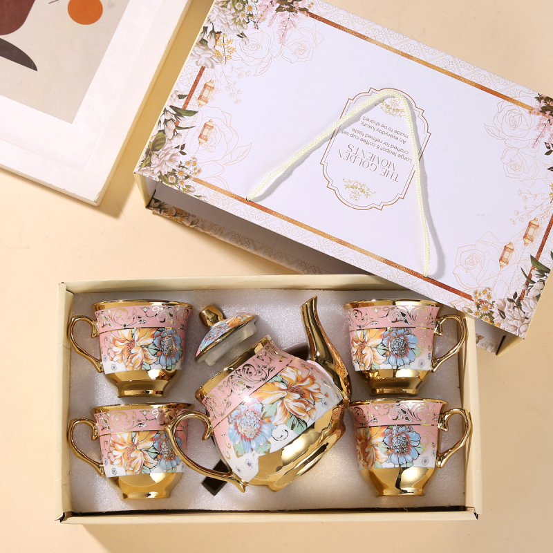 Set ceramic european pentru cafea și ceai, cu cană, ceașcă, farfurie și ceainic, model floral, finisaj electroplacat, design modern minimalist