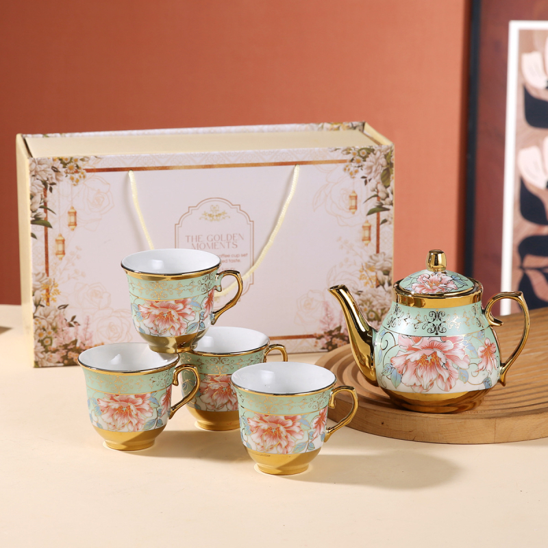 Set ceramic european pentru cafea și ceai, cu cană, ceașcă, farfurie și ceainic, model floral, finisaj electroplacat, design modern minimalist