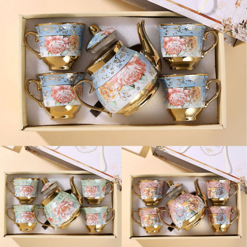 Set ceramic european pentru cafea și ceai, cu cană, ceașcă, farfurie și ceainic, model floral, finisaj electroplacat, design modern minimalist