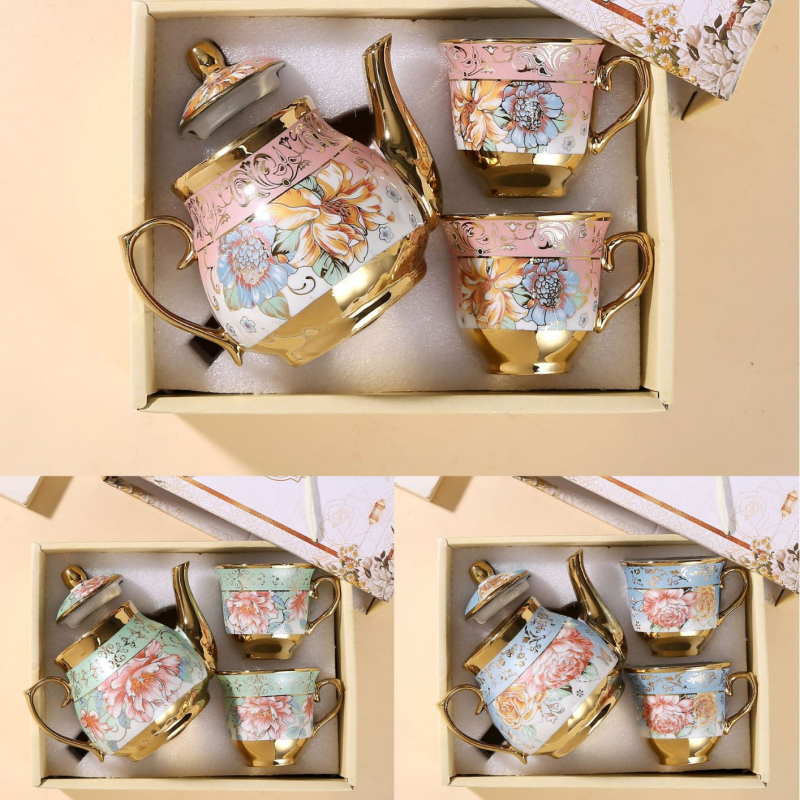 Set ceramic european pentru cafea și ceai, cu cană, ceașcă, farfurie și ceainic, model floral, finisaj electroplacat, design modern minimalist