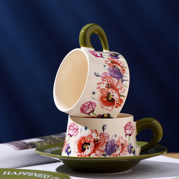 Set de cafea din ceramică cu ceașcă și farfurioară, stil franțuzesc vintage, model floral, lux discret