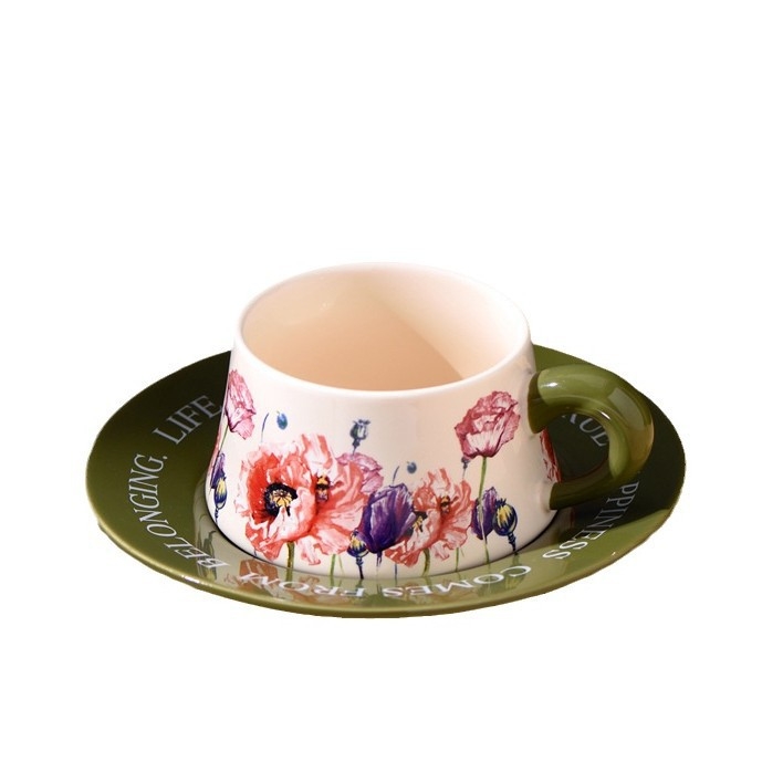 Set de cafea din ceramică cu ceașcă și farfurioară, stil franțuzesc vintage, model floral, lux discret
