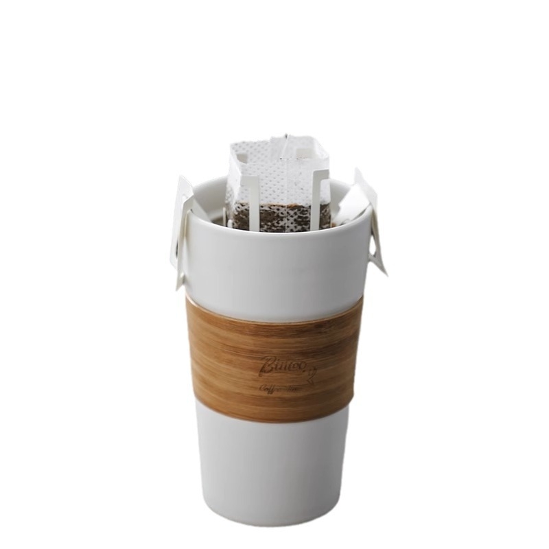 Bin Coo cană de cafea din ceramică, capacitate mare, cu husă din bambus, corp drept, cafea turnată manual
