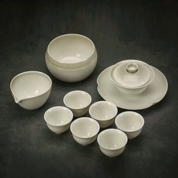 Set de ceai ceramic cu ceainic cu capac, bol cu capac și cești, glazură cenușiu-plantă, stil Zen minimalist