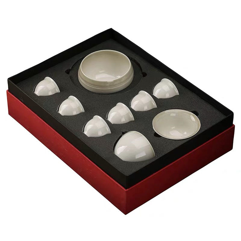 Set de ceai ceramic cu ceainic cu capac, bol cu capac și cești, glazură cenușiu-plantă, stil Zen minimalist