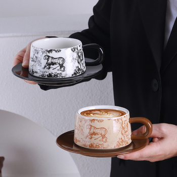 Set de cești și farfurioare în stil franțuzesc retro, cu motiv tigru-dragon, din ceramică neagră pentru ceaiul de după-amiază