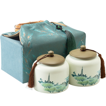 Recipient ceramic pentru ceai într-o cutie cadou din pânză, stil retro, pentru depozitare ceai – verde, negru, Pu'er, Jin Junmei