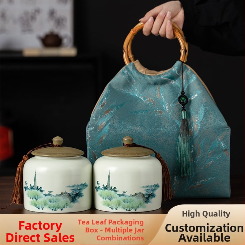 Recipient ceramic pentru ceai într-o cutie cadou din pânză, stil retro, pentru depozitare ceai – verde, negru, Pu'er, Jin Junmei