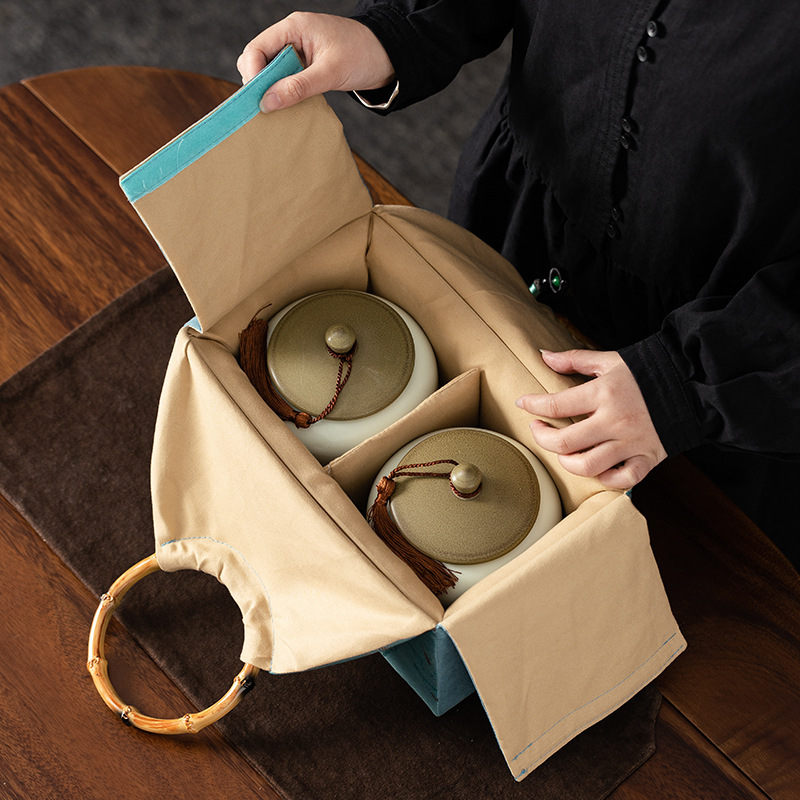Recipient ceramic pentru ceai într-o cutie cadou din pânză, stil retro, pentru depozitare ceai – verde, negru, Pu'er, Jin Junmei