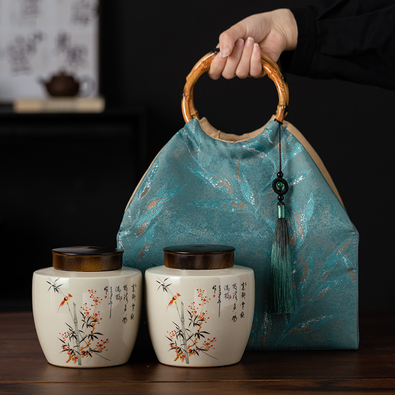 Recipient ceramic pentru ceai într-o cutie cadou din pânză, stil retro, pentru depozitare ceai – verde, negru, Pu'er, Jin Junmei